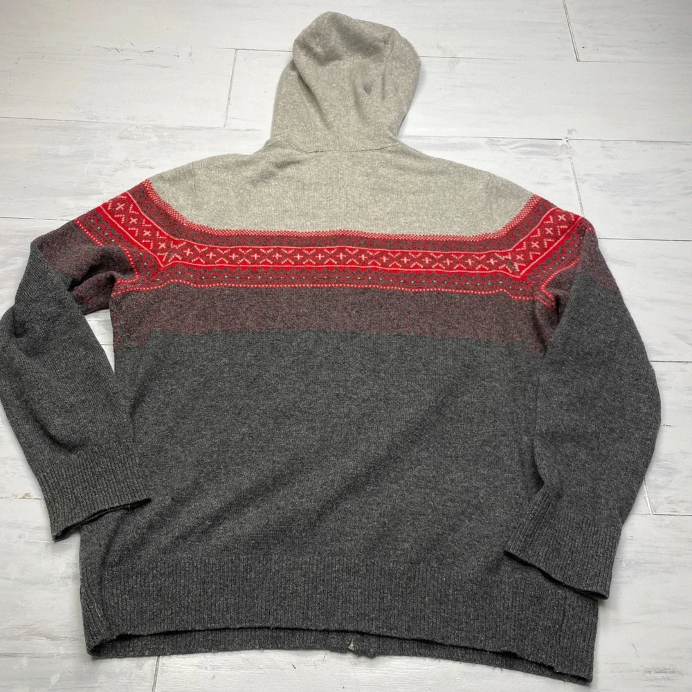 Banana Republic Merino Wool Fair Isle Hoodie Sweater Mens XL Grey Red Full Zip